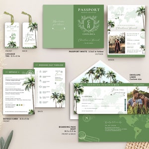 Palm tree wedding invitation, palm trees wedding invitation template, sage green wedding invitation template, sage green wedding invitation suite, destination wedding invitation, sage green passport wedding invitation template, boarding pass invite