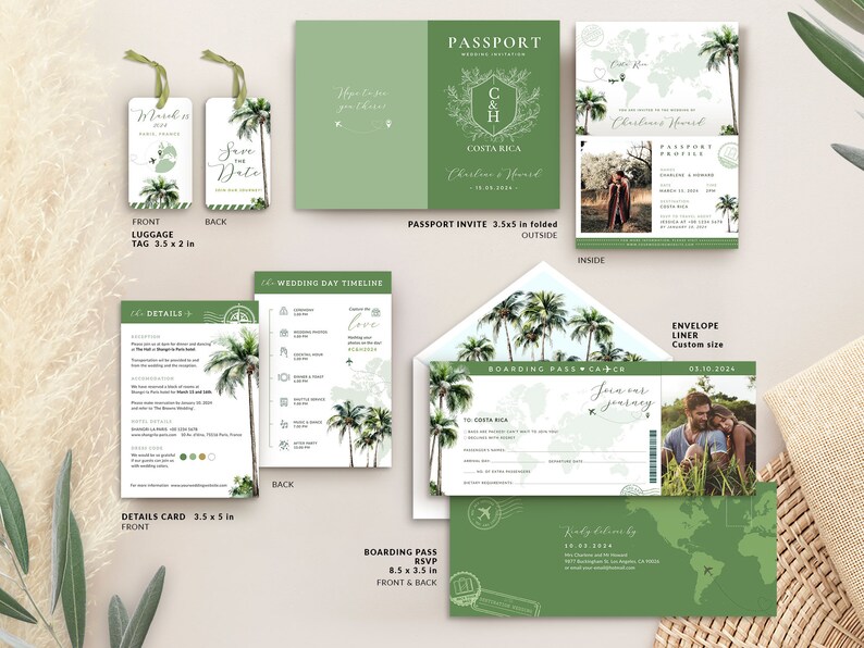 Palm tree wedding invitation, palm trees wedding invitation template, sage green wedding invitation template, sage green wedding invitation suite, destination wedding invitation, sage green passport wedding invitation template, boarding pass invite