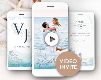 Digital Beach Wedding Invitation video, save the date invitation template, ocean wedding nautical wedding invitation digital, wedding evite