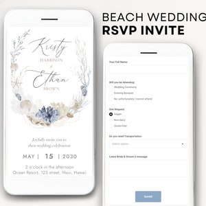 May include: Two smartphones displaying a beach wedding RSVP invite. The first phone shows a floral wreath with the names Kristy and Ethan. The second phone displays a form to RSVP. Text on the image reads "Beach Wedding RSVP Invite".