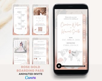 Dusty pink Wedding Invitation template digital Destination wedding invite canva Digital Boarding pass wedding invite video rose gold invite