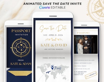 Passport invitation template navy blue save the date evite digital save the date invitation video save the date destination wedding