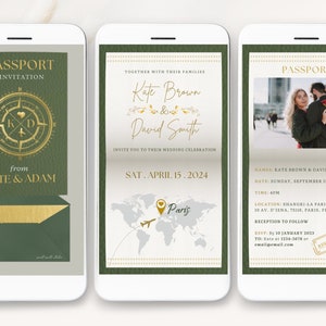 sage green passport invitation video, sage green Destination Wedding Invitation Video, Digital Destination wedding invite Template animated, olive green digital Wedding passport wedding invitation digital, sage green digital passport wedding invite