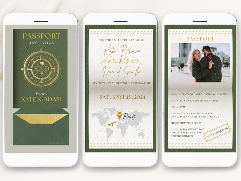 sage green passport invitation video, sage green Destination Wedding Invitation Video, Digital Destination wedding invite Template animated, olive green digital Wedding passport wedding invitation digital, sage green digital passport wedding invite