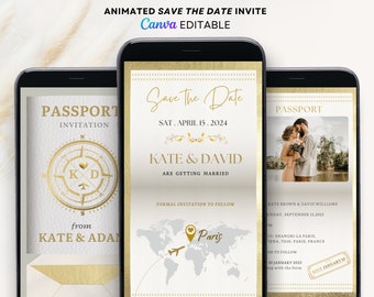 Könnte beinhalten: Eine animierte Save-the-Date-Einladung in Gold und Weiß mit einem Pass-Thema. Die Einladung zeigt einen Kompass mit den Initialen "K" und "D" und den Text "Save the Date" mit dem Datum "Sat. April 15, 2024". Die Einladung enthält auch die Namen "Kate & David" und den Text "Are Getting Married".