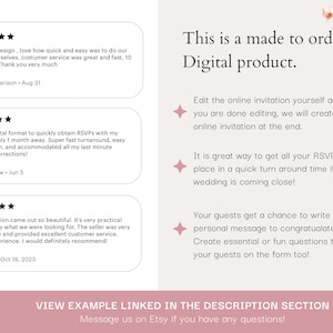 May include: A digital product for creating wedding RSVPs. The image shows a pink background with text that says "This is a made to order Digital product." and "Edit the online invitation yourself and after you are done editing, we will create your online invitation at the end." The image also includes customer reviews.
