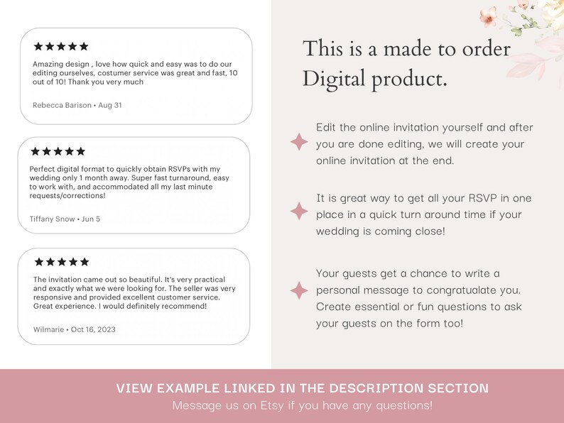 May include: A digital product for creating wedding RSVPs. The image shows a pink background with text that says "This is a made to order Digital product." and "Edit the online invitation yourself and after you are done editing, we will create your online invitation at the end." The image also includes customer reviews.