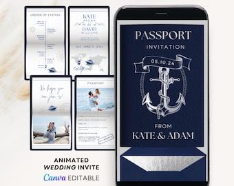 Nautical wedding invitation template, nautical invitation, Nautical Passport wedding invitation, cruise digital invites, digital destination