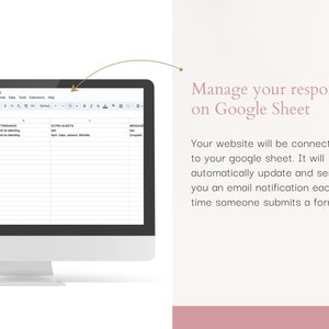 May include: A computer monitor displaying a Google Sheet spreadsheet with baby shower guest information. Text on the right reads "Manage your responses on Google Sheet." The text also describes how the website connects to the sheet.