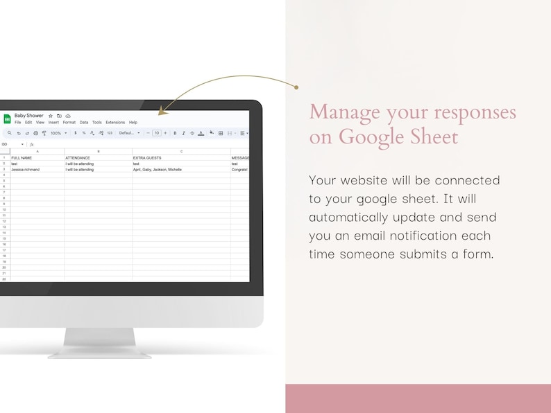 May include: A computer monitor displaying a Google Sheet spreadsheet with baby shower guest information. Text on the right reads "Manage your responses on Google Sheet." The text also describes how the website connects to the sheet.