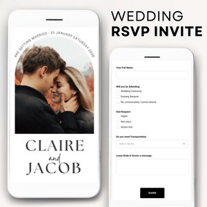 May include: A mobile phone displays a wedding RSVP invite. The screen shows a photo of a couple and the names "Claire and Jacob." The text "ARE GETTING MARRIED - 11 JANUARY SATURDAY 2030" is also visible. The second phone screen shows a form to RSVP.