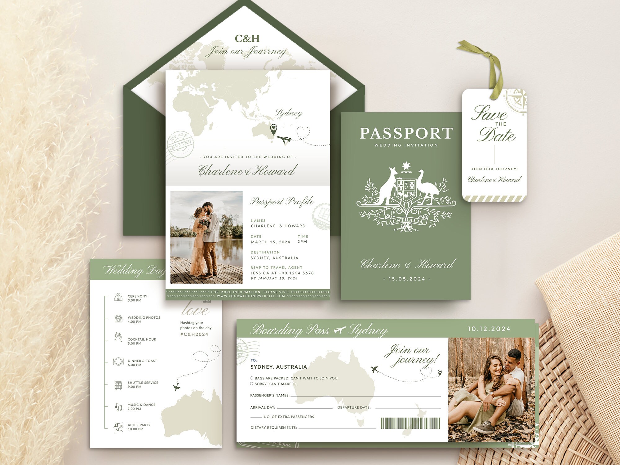Australian passport wedding invitation, Sage green passport wedding invitation, Destination Wedding Invitation Australian wedding invitation