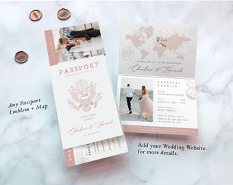 Pink Wedding invitation rose gold wedding invite passport wedding invite destination wedding invitation travel wedding invite boarding pass