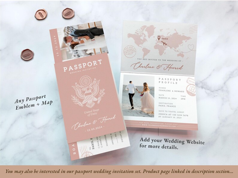 Invitación digital de boda de destino, invitación digital de boda en oro rosa, invitación de boda con pasaporte, boda de viaje, invitación digital de boda imagen 8
