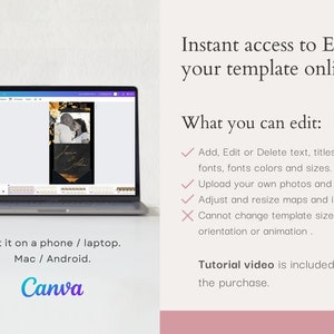 May include: A laptop screen displaying a Canva template for a wedding invitation. The template features a black and gold design with a couple's photo and the text "Jane & John". The text "Edit it on a phone / laptop. Mac / Android. Canva" is displayed below the laptop.