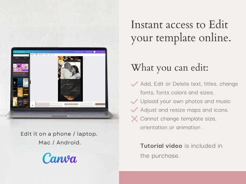 May include: A laptop screen displaying a Canva template for a wedding invitation. The template features a black and gold design with a couple's photo and the text "Jane & John". The text "Edit it on a phone / laptop. Mac / Android. Canva" is displayed below the laptop.