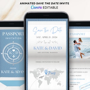 digitale save the date-uitnodigingsvideo Paspoortuitnodigingsjabloon lichtblauw paspoort lichtblauwe save the date-evite bestemming bruiloft