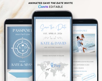 digital save the date invitation video Passport invitation template light blue passport light blue save the date evite destination wedding