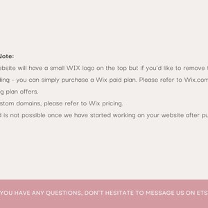 May include: A cream-colored graphic with text in black and a pink banner at the bottom. The text provides information about a website, including the Wix logo, custom domains, and refund policy. The bottom banner encourages questions via Etsy messaging.