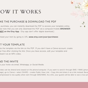May include: How to make, edit, and share a video invitation using Canva.  Instructions include purchasing a PDF template, editing it in Canva, and sharing the finished video via email, Whatsapp, or social media.  The text also notes that the Etsy app does not support downloading digital files.