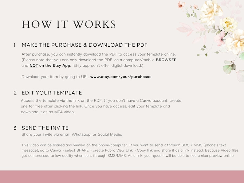 May include: How to make, edit, and share a video invitation using Canva.  Instructions include purchasing a PDF template, editing it in Canva, and sharing the finished video via email, Whatsapp, or social media.  The text also notes that the Etsy app does not support downloading digital files.