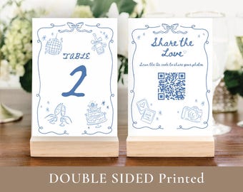 Whimsical Table Number cards PRINTED table number cards wedding table number wedding fun table number and QR code wedding share photo
