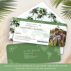 sage green save the date boarding pass wedding invitation template, save the date invitation template, save greens save the date wedding invitation suite, palm tree save the date wedding invitation template, tropical save the date invitation