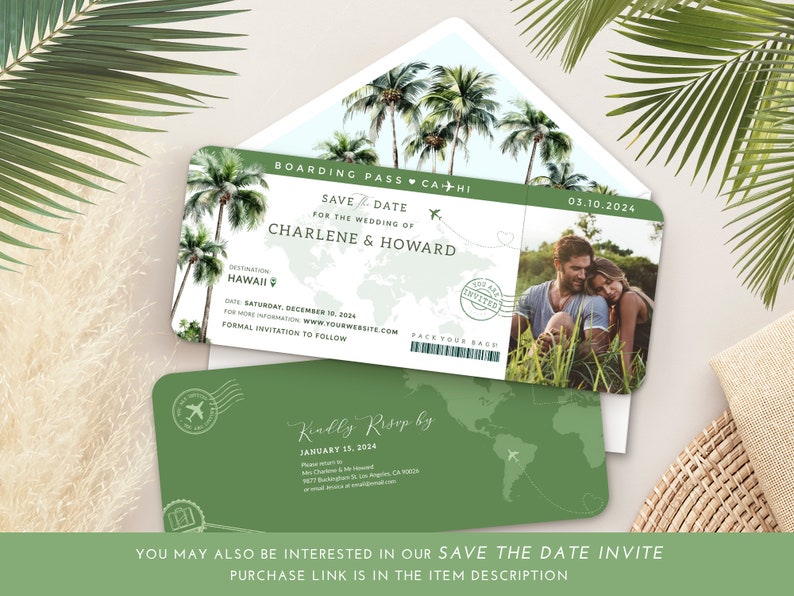 sage green save the date boarding pass wedding invitation template, save the date invitation template, save greens save the date wedding invitation suite, palm tree save the date wedding invitation template, tropical save the date invitation