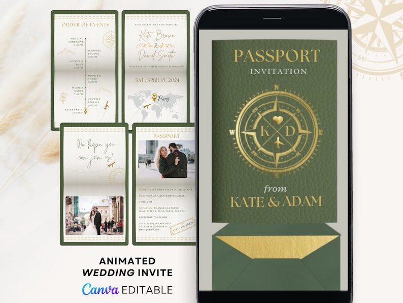 sage green passport invitation video, sage green Destination Wedding Invitation Video, Digital Destination wedding invite Template animated, olive green digital Wedding passport wedding invitation digital, sage green digital passport wedding invite