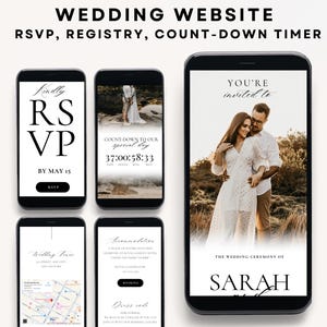 May include: A mockup of a wedding website displayed on smartphones. The screens show RSVP details, a countdown timer, wedding photos, and other wedding information. The text includes "RSVP," "Registry," and "Count-Down Timer."