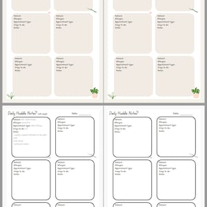 Könnte beinhalten: Ein Satz von vier druckbaren Seiten mit "Daily Huddle Notes". Jede Seite enthält Abschnitte für Patienteninformationen, Allergien, Art des Termins und Notizen. Die Seiten haben einen hellbeige Hintergrund mit grünem und schwarzem Text.