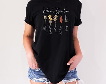 Chemise à fleurs pour le mois de naissance : jardin de maman personnalisé, noms personnalisés