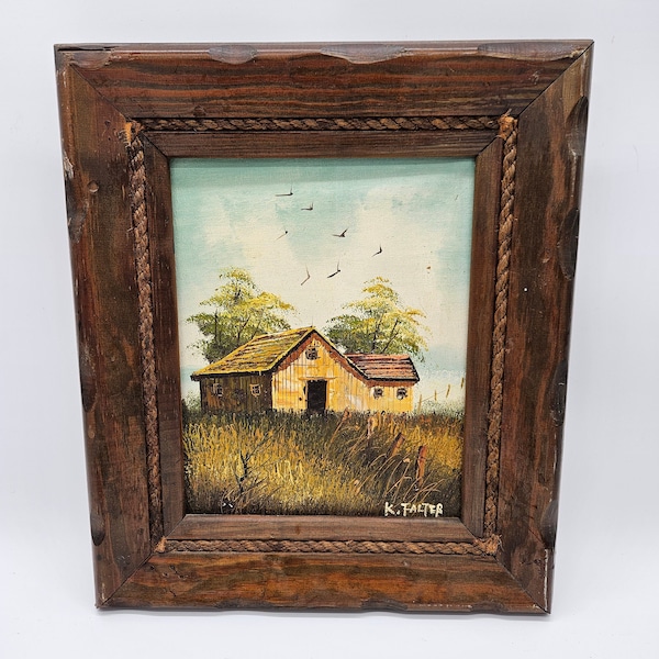 1970s Signed K. Falter Indiana Barn, Country Farm Framed Landscape Oil Painting 13" x 15"