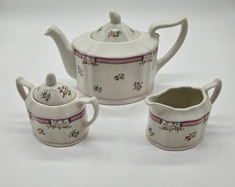 Vintage Laura Ashley "Alice" England Tea Pot , Creamer & Sugar Bowl Set MINT!