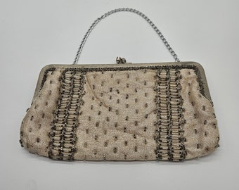 Vintage 1950s Walborg Japan Ivory Victorian Beaded Satin Evening Hand Bag, Clutch, Purse