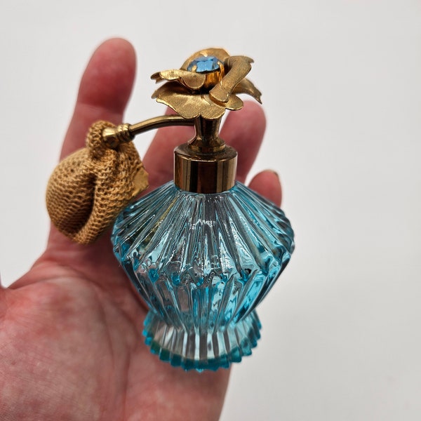 Vintage Mid Century Blue Ribbed Glass Atomizer Pump Perfume Bottle Flower Petal Brass top with Rhinestone Center