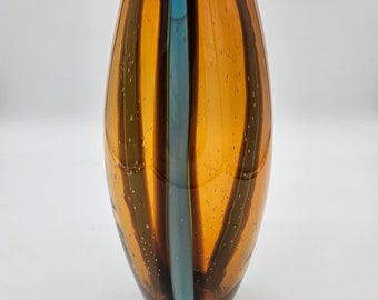 Mid Century Amber & Blue Air Bubble Stripe Cased Art Glass Vase 13"