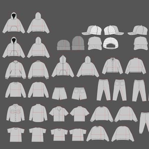 Puede incluir: Una colección de bocetos técnicos de moda en una cuadrícula, que muestra varias prendas como sudaderas con capucha, chaquetas, camisetas, pantalones, pantalones cortos, gorras y calcetines, en contornos gris claro con líneas de construcción rojas.
