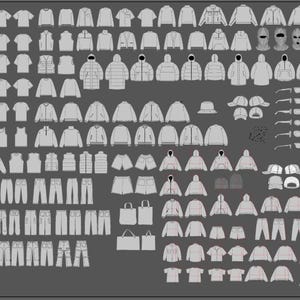 Puede incluir: Una colección completa de bocetos técnicos de moda que presenta diversos artículos de vestir, incluyendo sudaderas, chaquetas, camisetas, pantalones, shorts, mochilas, gorros y accesorios, en formato de dibujo lineal gris sobre fondo oscuro.