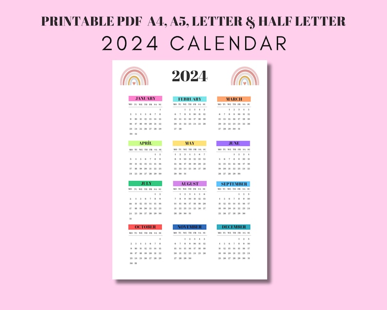 2024 Rainbow Calendar 2024 Printable Calendar 2024 Digital Etsy Singapore