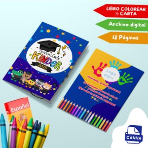 Libro para Colorear Graduación Kinder 2025 - Editable en Canva - Digital Media carta (12 paginas), portada a color.