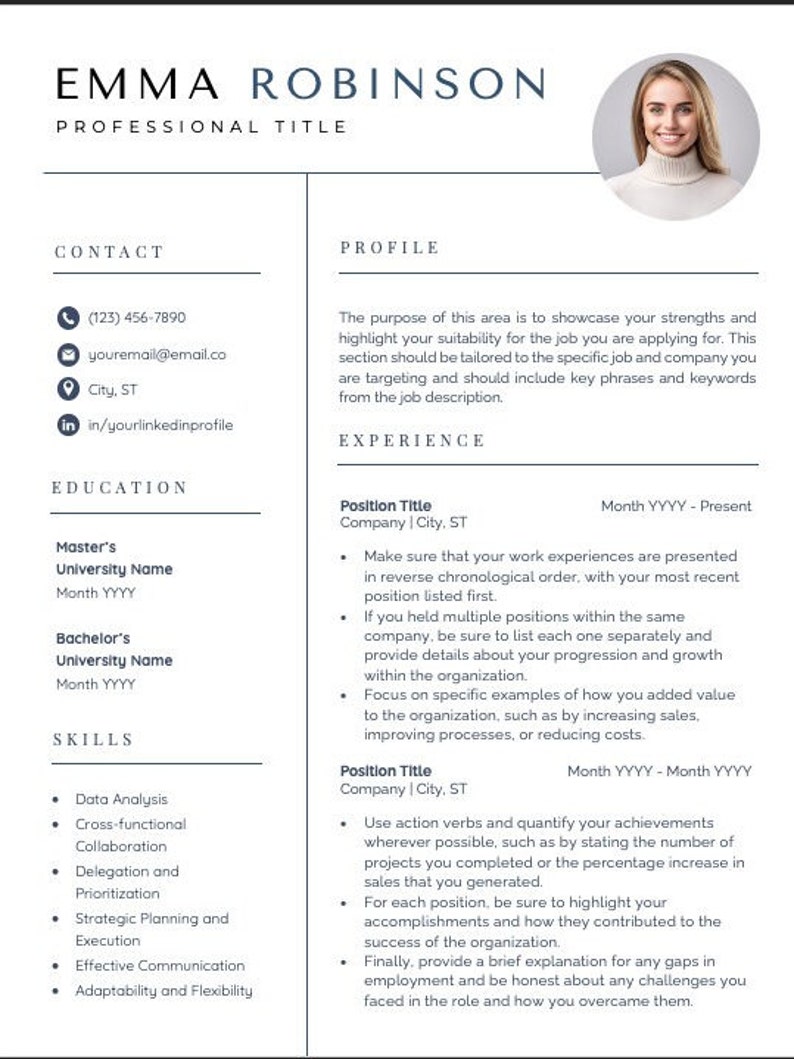 Executive Resume, Clean Blue Resume Template - Etsy