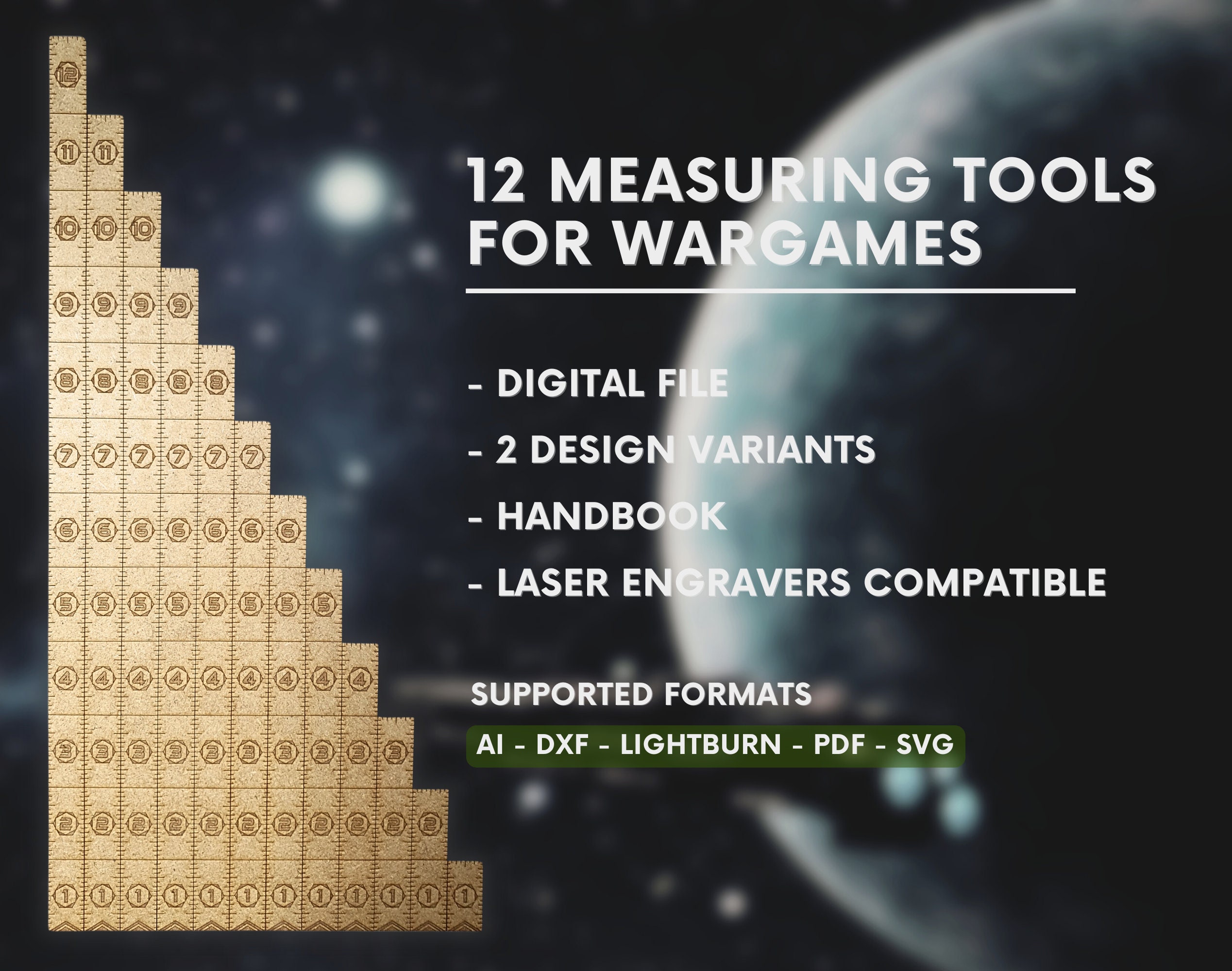 Set of 12 Space Style Measuring Rulers From 1 to 12 Inches for War ...