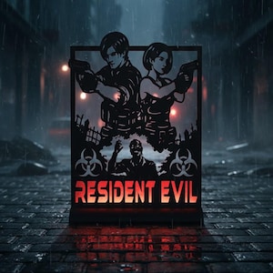 May include: Black laser-cut Resident Evil sign depicting two figures with firearms, a zombie, and the game title in red. The sign is lit, creating a red reflection on the brick surface.