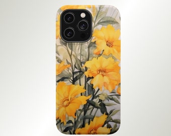 Watercolor Yellow Flowers iPhone 14 13 Pro Max Plus Mini MagSafe Tough Case Dual Layer Protection TPU Polycarbonate