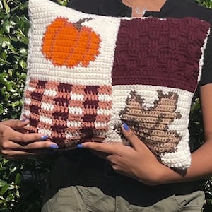 May include: A cream-colored crochet pillow with four distinct sections. One section features an orange pumpkin, another a burgundy woven pattern, a third a checkered pattern in burgundy and pink, and the last a brown leaf.