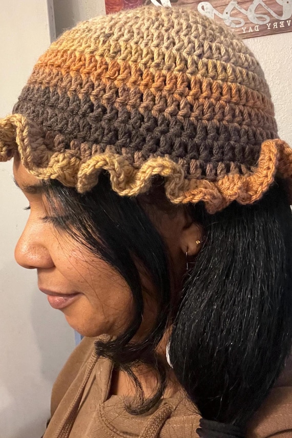 Handmade Crochet Bucket Hat Ruffled Brim Fisherman Hat Adjustable URTERYSER Hat, Adult Crochet Bucket Hat Handmade Ruffled  main image 4