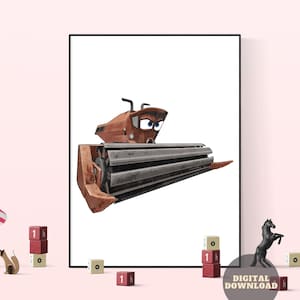 Puede incluir: Una descarga digital imprimible con una imagen de dibujos animados de una cosechadora roja con cara. La cosechadora está en posición de conducción con la parte delantera de la máquina mirando al espectador.