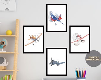 May include: Set of four printable airplane illustrations. The airplanes are in various colors, including red, white, blue, orange, and gray. The illustrations are perfect for a child's room or playroom.
