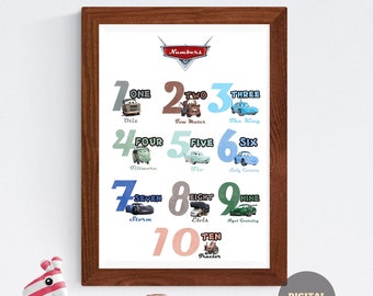 Disney Cars, Numbers Print, Numbers Poster, Educational Wall Art | Digital Download | Printable Educational, Homeschool Decor, Disney Cars